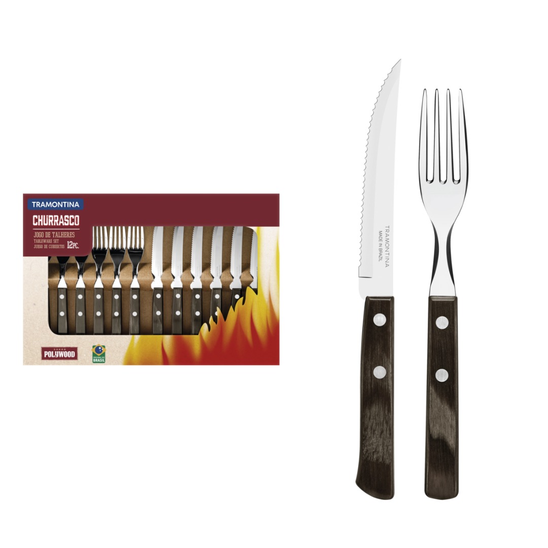 Jogo Para Churrasco Talheres Tramontina Aço Inox 12 Peças Polywood Faca e Garfo - 2