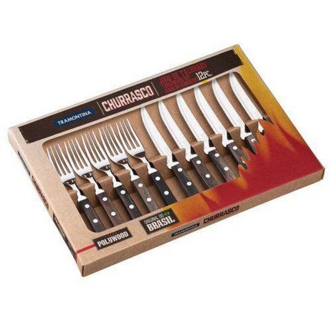 Jogo Para Churrasco Talheres Tramontina Aço Inox 12 Peças Polywood Faca e Garfo