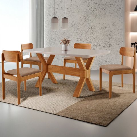 Sala de Jantar Mesa Star 120cm Tampo Laqueado com Vidro Canto Moeda e 4 Cadeiras Star