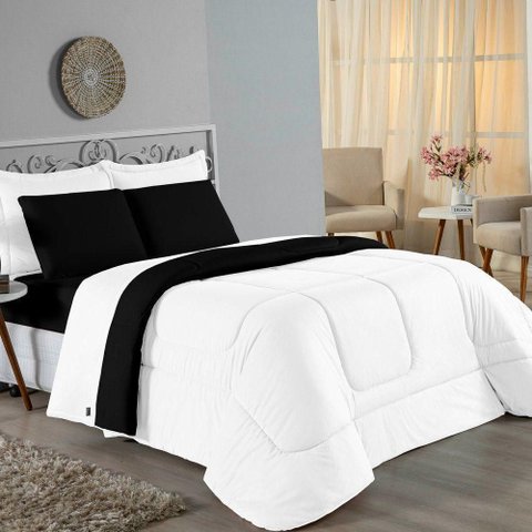 Edredom Solteiro Nobre 1 Peça Dupla Face 1,60m X 2,40m Malha 100% Algodão - Branco / Preto
