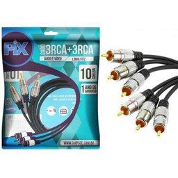 Cabo RCA Profissional para Áudio e Vídeo 3 RCA + 3 RCA Plug Metal Fitz 10 Metros - Chipsce - 018-075 - 1 Cabo RCA Profissional para Áudio e Vídeo 3 RCA + 3 RCA Plug Metal Fitz 10 Metros - Chipsce - 018-075 - 1