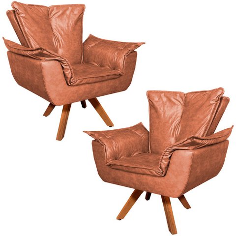Kit 2 Poltronas Decorativas Base Giratória em Madeira Charger PU Marrom - Gran Belo