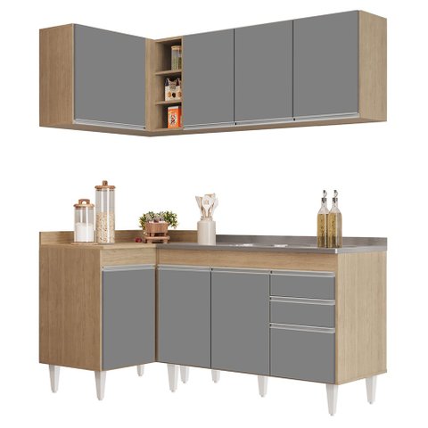 Armário de Cozinha Modulado de Canto Direito 4 Peças CP39 com Pia Inox Castanho/Cinza - Lumil Lumil 