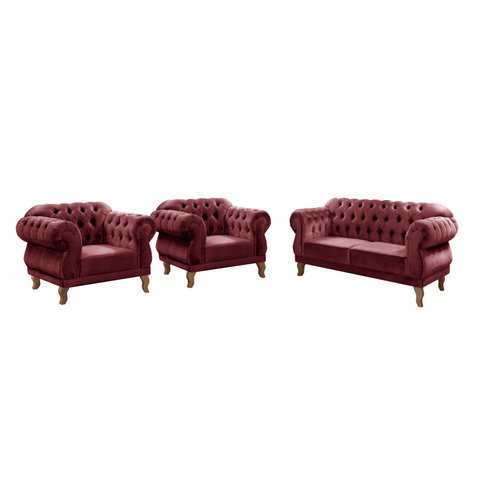 Kit Namoradeira Duquesa Chesterfield 2 Lugares + 2 Poltronas Decoração Sala Recepção - Suede Bordô