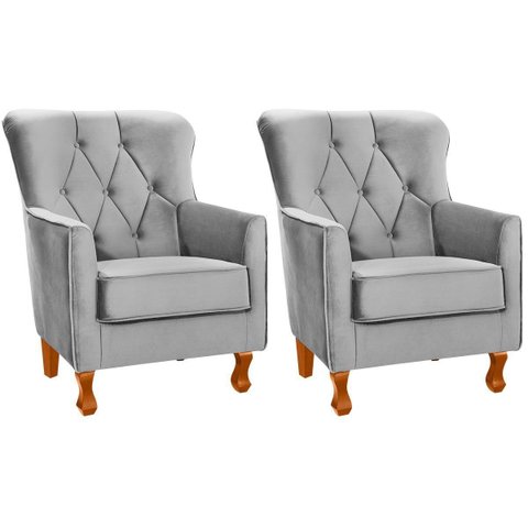 Kit 2 Poltronas para Sala Decorativas c/ Capitonê Carrara Veludo Prata