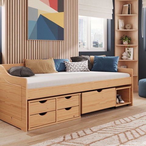 Cama Solteiro com 5 Gavetas Madeira Maciça Floro Marrom/Pine