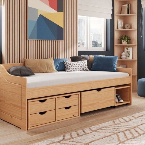 Cama Solteiro com 5 Gavetas Madeira Maciça Floro Marrom/Pine