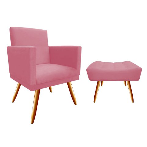 Kit Poltrona Decorativa Bia + Puff Retangular Suede Rosa Pés Madeira Mz Decor