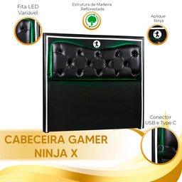 Cabeceira Quarto Gamer Ninja X com Led Material Sintético Preto e Branco 140cm Speciale Home - 9