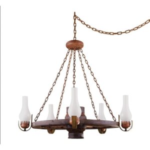 Lustre Pendente Roda de Carroça Estância Madeira e Metal 5 Lâmp. Linha Country Madelustre