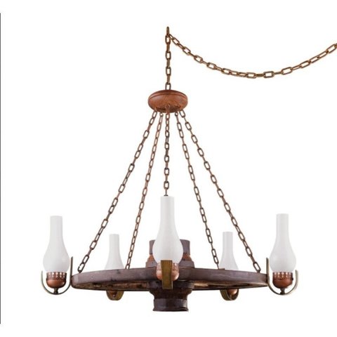 Lustre Pendente Roda de Carroça Estância Madeira e Metal 5 Lâmp. Linha Country Madelustre