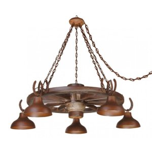 Lustre Rústico Roda de Carroça 5 lâmp. Madeira e Metal Oxidado Estância Linha Country Madelustre