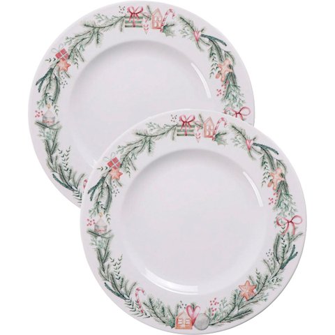 Jogo Prato Raso Jantar 2pçs 2 Pessoas Noel Natal Reto 28cm