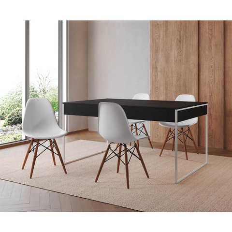 Mesa Jantar Industrial Retangular Filadélfia Preta 137x90cm Base Ferro Branco com 4 Cadeiras