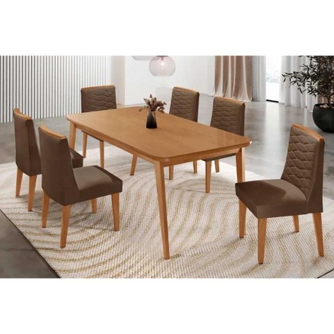 Sala de Jantar Completa Havana C/ Tampo Madeirado Canto Curvo 180x90cm e 6 Cadeiras Maldivas