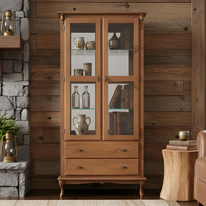 Cristaleira com Espelho 2 Portas 3 Prateleiras de Vidro 2 Gavetas Pés Luiz Xv Sevilha- Imbuia Glazer