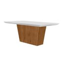 Ver imagem 1 de Mesa de Sala Jantar Luna com Tampo 180x90cm Madeirado Vidro Canto Curvo - Imbuia/ripado 3d/off White