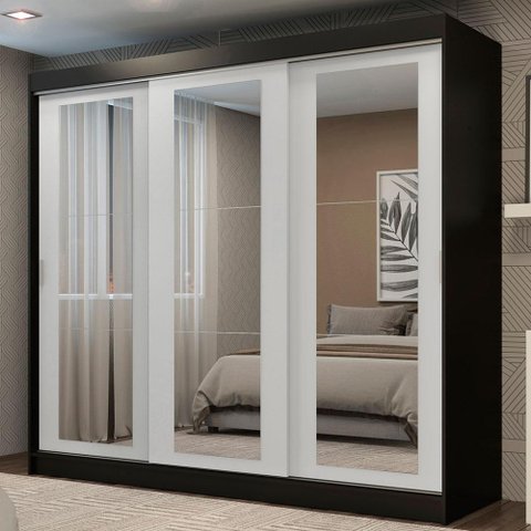 Guarda-roupa Casal Madesa Kansas 3 Portas de Correr de Espelho 3 Gavetas