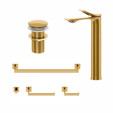 Kit Banheiro Dourado: Torneira Berlim Alta, Valvula Click e Acessórios 4 Peças