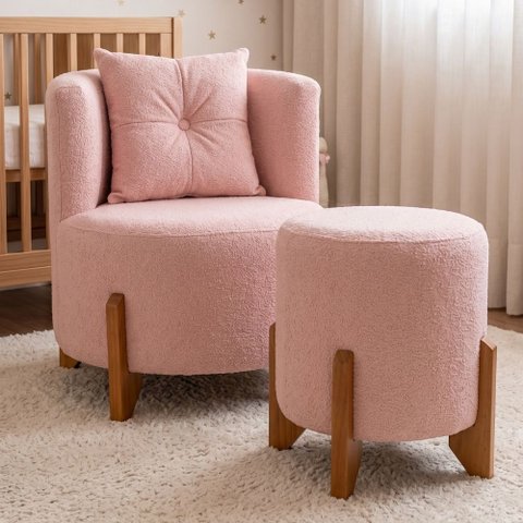 Kit Poltrona e Puff Luna Decorativa Curvo Orgânico Boucle Rosa Montanaris Decor