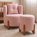 Ver imagem 1 de Kit Poltrona e Puff Luna Decorativa Curvo Orgânico Boucle Rosa Montanaris Decor