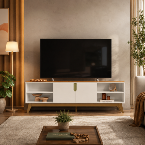 Rack Bancada Campinas Off White/Canela para TV até 75” - Mobler