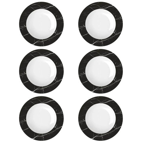 Jogo 6 Pratos Germer Fundos Preto e Branco 23cm Versa Porcelana com Estampa Mármore