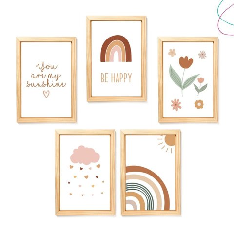 Kit 5 Quadros Decorativos Arco-íris Boho Escandinavo:pinus