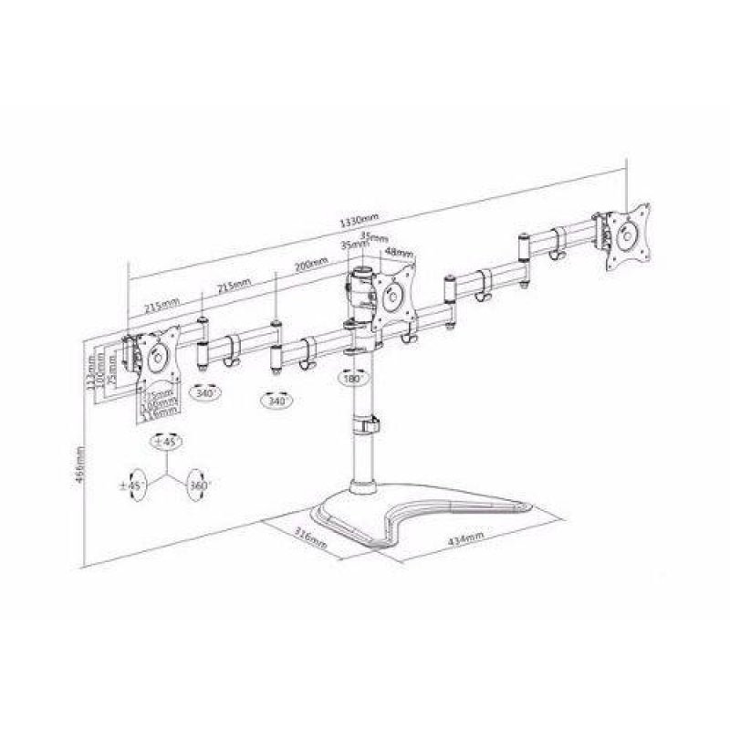 Suporte Para 3 Monitores 15 A 27 De Mesa Com Ajuste De Altura E Convergência Ldt07-t036 Elg Preto - 4