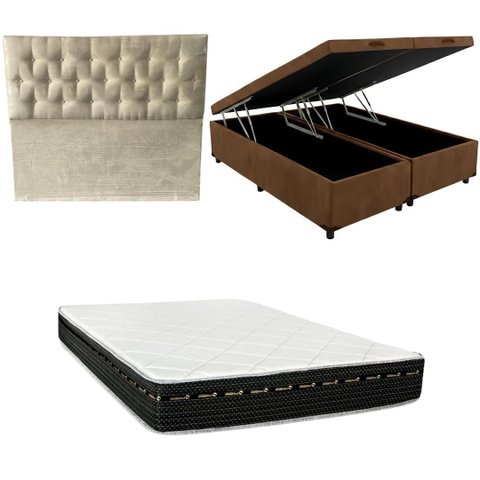Cama Box Baú Bipartida Blindada + Colchão Eagle Molas Bonnel 22cm | Kit Completo com Cabeceira Boton