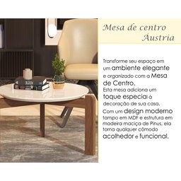 Mesa de Centro Sala de Estar Decoração Pés Madeira Áustria Offwhite - 2