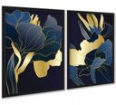 Ver imagem 2 de Kit 2 Quadros Florais Azul Dourado Linhas 24x18cm:moldura Branca