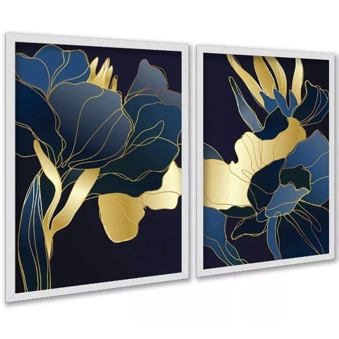 Kit 2 Quadros Florais Azul Dourado Linhas 24x18cm:moldura Branca