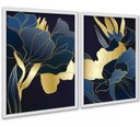 Ver imagem 1 de Kit 2 Quadros Florais Azul Dourado Linhas 24x18cm:moldura Branca
