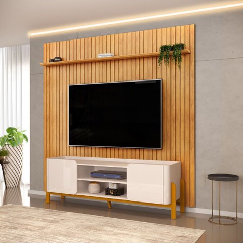 Bancada Cher e Painel Trento para Tv até 65 Polegadas 250x240cm Off White Cedro- Mabe Magazine