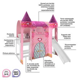 Cama Infantil com Escorregador e Barraca 2 Torres Castelo Princesa P13 Branco/Rosa - Mpozenato - 3