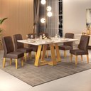 Ver imagem 1 de Conjunto Sala de Jantar Mesa Tampo Retangular Chanfrado Curvo Mad/vid 160 X 90cm Kiara Cedro Off Whi