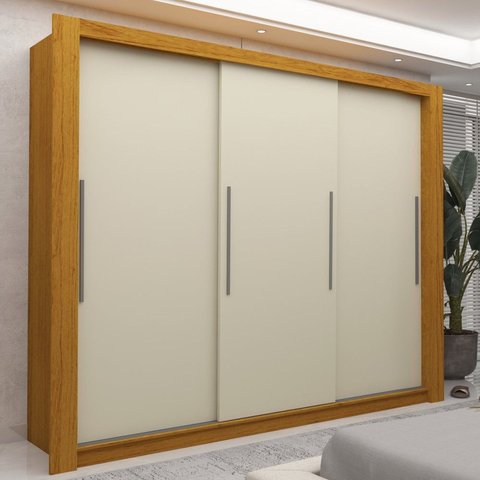 Guarda-Roupa Casal 100% MDF 3 Portas de Correr 4 Gavetas Naturale/Off White Roma