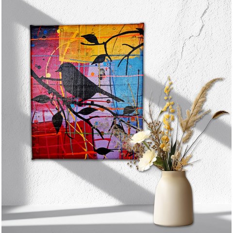 Mini Quadro Decorativo em Acrílico Pintado a Mão para Decoração com Pássaros