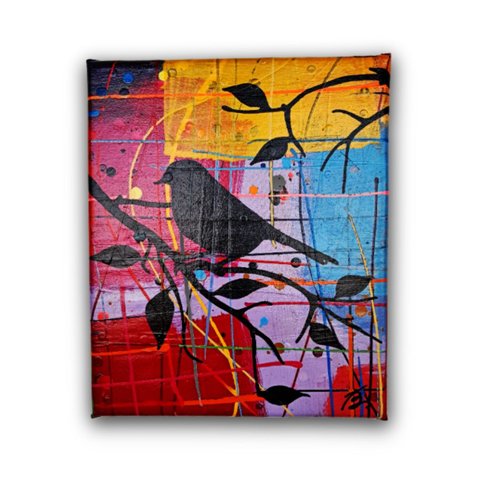 Mini Quadro Decorativo em Acrílico Pintado a Mão para Decoração com Pássaros