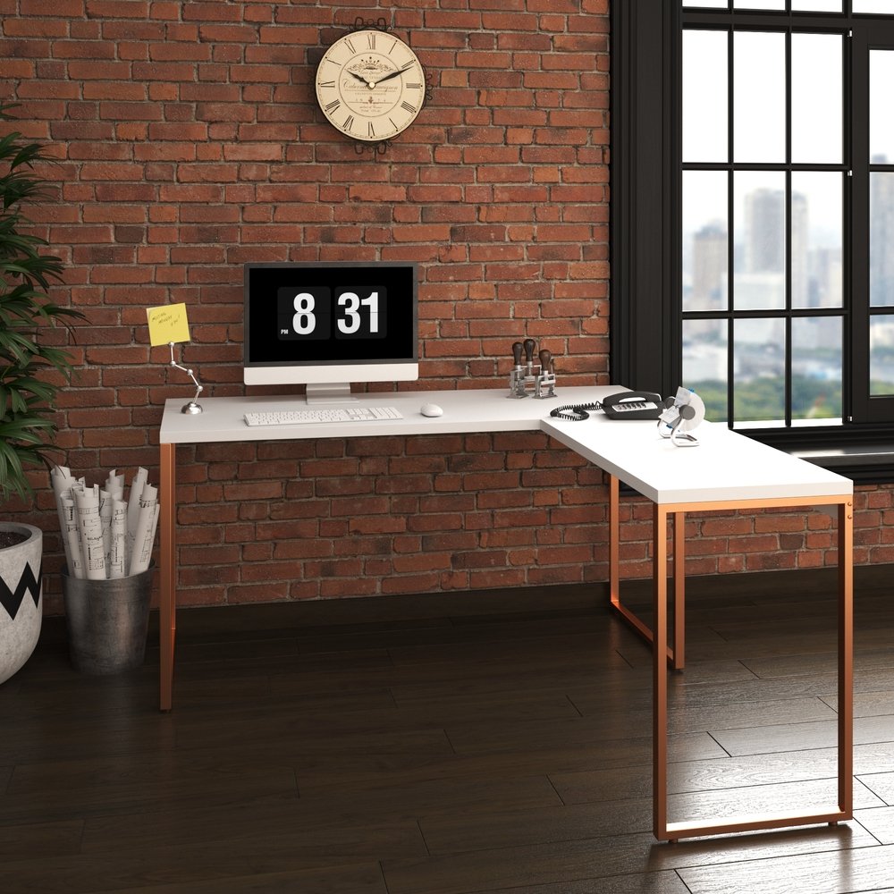 Mesa Branca com Cobre em L Apoio Escritório Estilo Industrial Diretor Metal e Madeira 150x150cm - 1