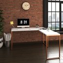 Ver imagem 1 de Mesa Branca com Cobre em L Apoio Escritório Estilo Industrial Diretor Metal e Madeira 150x150cm