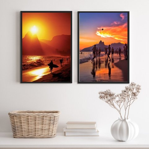 Kit 2 Quadros Esportes Praia de Ipanema- Rio de Janeiro 45x34cm - com Vidro:madeira Branca