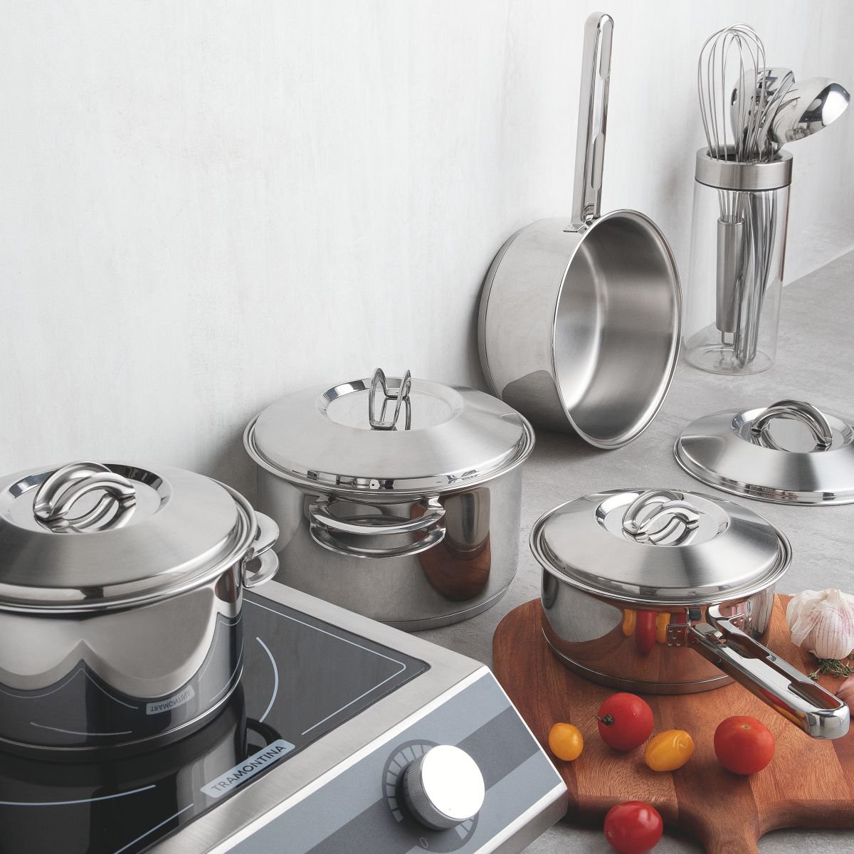 Jogo de Panelas Tramontina Aço Inox Fundo Triplo Cooktop Fogão Indução 3  Peças Solar