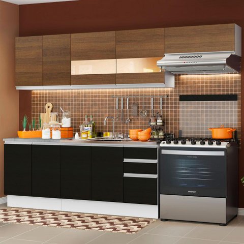 Armário de Cozinha Completa 280cm Branco/Preto/Rustic Marcela Madesa 03