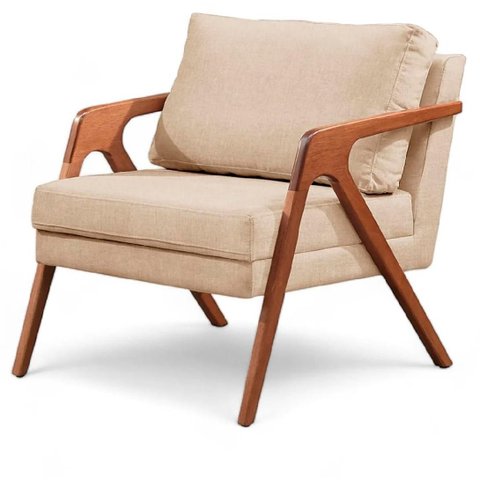 Poltrona Mona Luxo em Linho Premium Bege Madeira Maciça Luxo