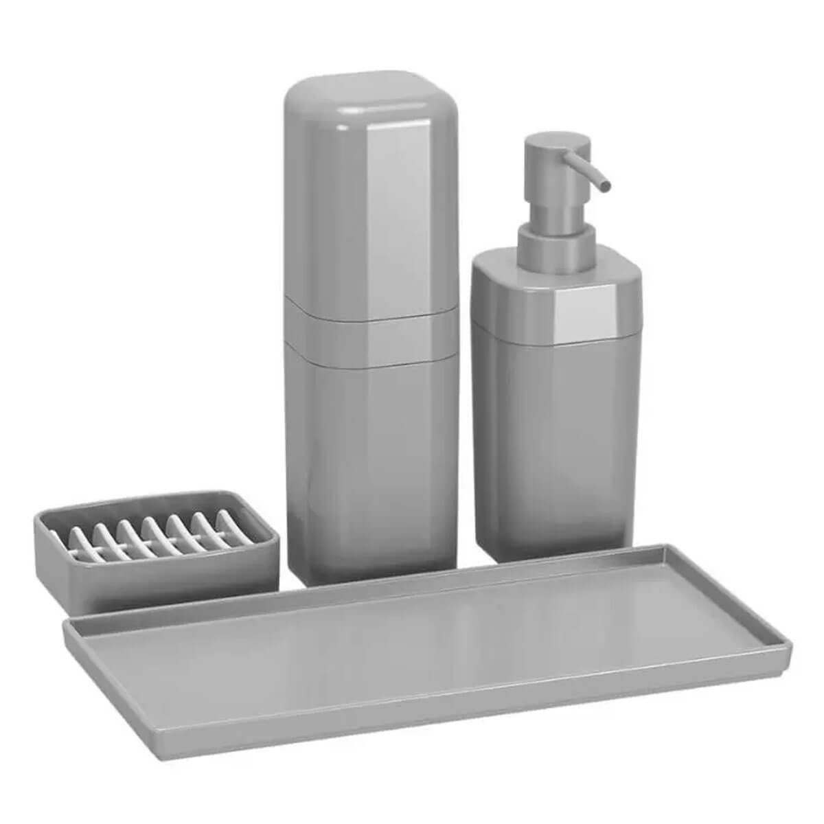 Kit Banho Dispenser Sabonete Porta Escova Saboneteira em Barra e Bandeja Splash Coza Cinza - 1