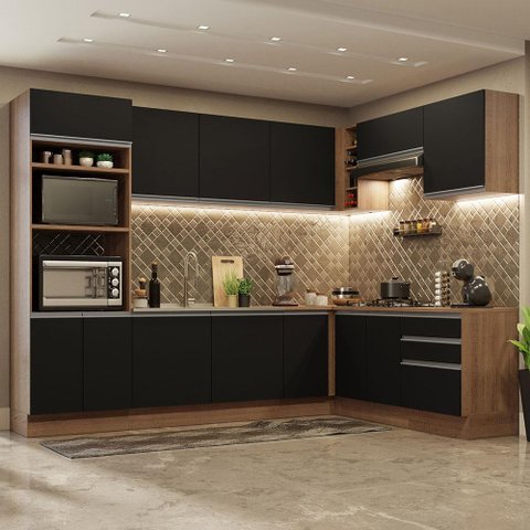 Armário de Cozinha Completa de Canto 479cm Rustic Preto Glamy Madesa 01