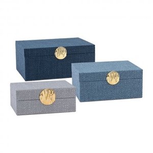 CONJUNTO. DE CAIXAS DE TECIDO AZUL E CINZA COM PUXADOR DE METAL DO BTC Decor