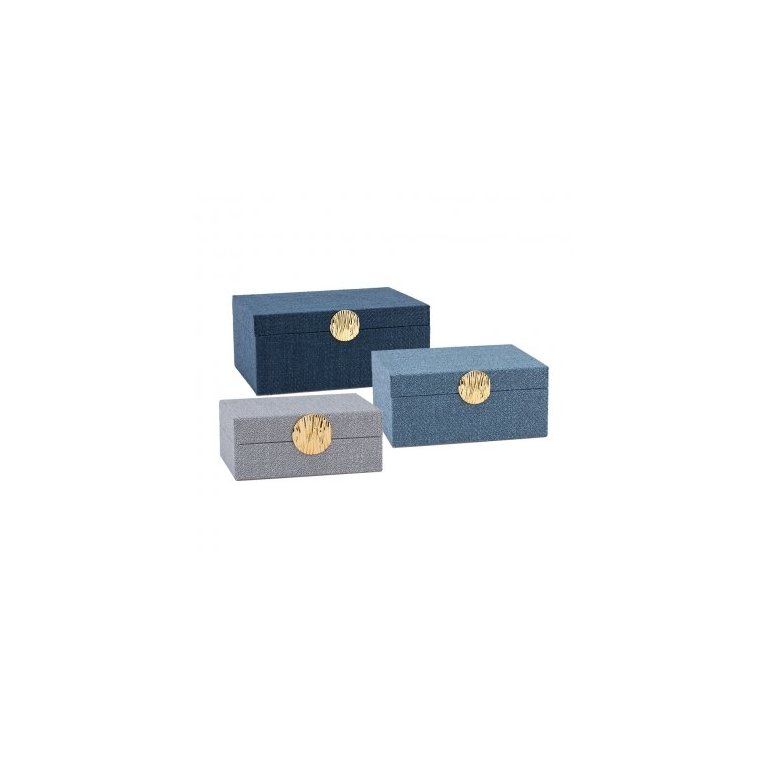 CONJUNTO. DE CAIXAS DE TECIDO AZUL E CINZA COM PUXADOR DE METAL DO BTC Decor CONJUNTO. DE CAIXAS DE TECIDO AZUL E CINZA COM PUXADOR DE METAL DO BTC Decor